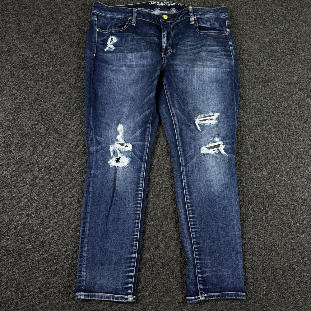 American Eagle Jeans Womens 16 Short Skinny Dark Wash Distressed EUC